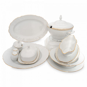 Сервиз столовый на 12 персон, 67 предметов, фарфор, белый, золотой, серия Белый узор, BERNADOTTE, Чехия, НОВИНКИ