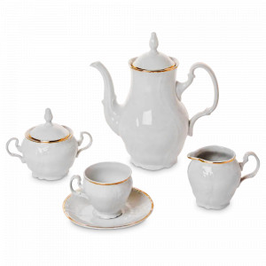 Сервиз кофейный на 6 персон, 17 предметов, фарфор, белый, золотой, серия Белый узор, BERNADOTTE, Чехия, Кофейные сервизы на 6 персон
