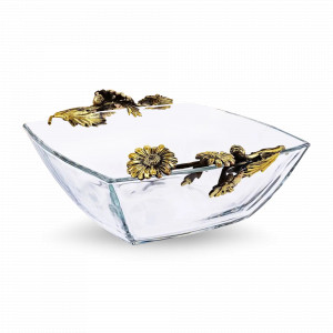 Салатник с двумя ручками «Ромашки», латунь, стекло, 16 х 5 см, золотистый, серия Летний сад, Кольчугинский Мельхиор, Россия, Кольчугинский мельхиор