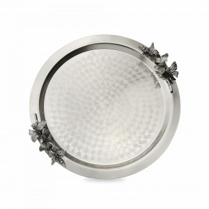 Поднос круглый с накладками &quot;Бабочки&quot;, латунь, серебристый, серия Летний сад, Кольчугинский Мельхиор, Россия, Подносы