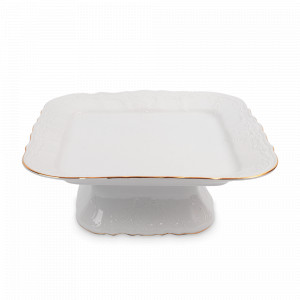 Блюдо квадратное на ножке, 26 см, фарфор, белый, золотой, серия Белый узор, BERNADOTTE, Чехия, Чешский фарфор