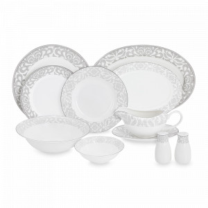 Сервиз столовый на 12 персон Айседора, 50 предметов, костяной фарфор, белый, серебристый, серия Emily, ANNA LAFARG, Китай, Наборы столовой посуды