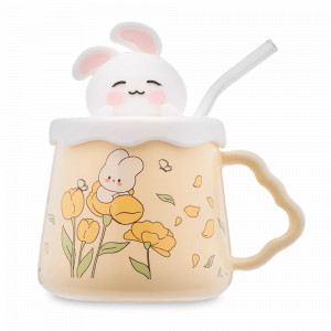 Кружка с крышкой и трубочкой Зайка, 420 мл, керамика, желтый, серия Animals, REPAST, Чехия, Кружки REPAST