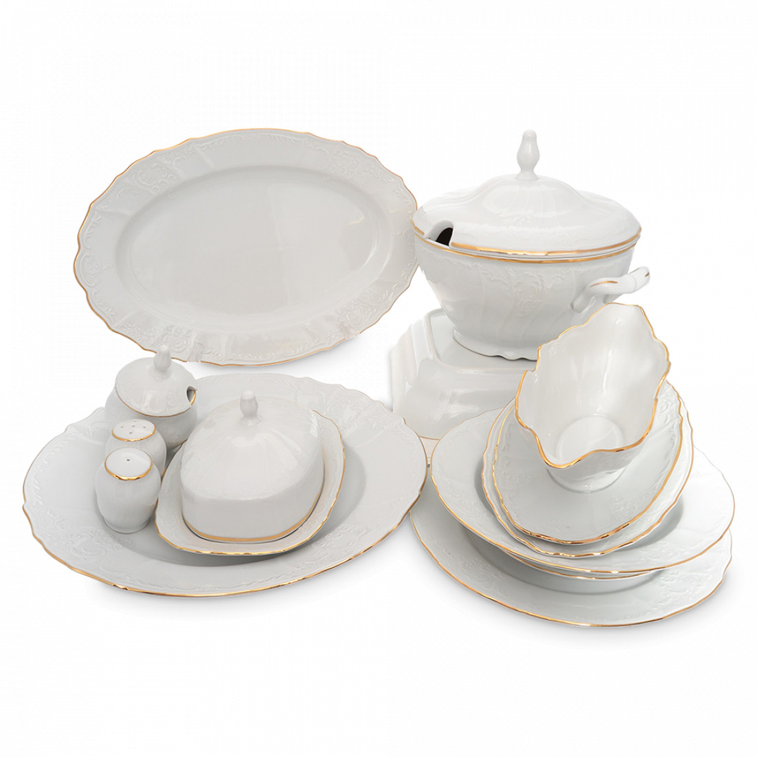 Сервиз столовый на 12 персон, 67 предметов, фарфор, белый, золотой, серия Белый узор, BERNADOTTE, Чехия