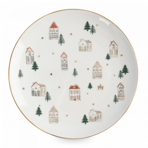 Тарелка обеденная «Домики и ели», 27 см, фарфор, белый, золотой, серия Townlet, ANNA LAFARG, Китай, Тарелки обеденные