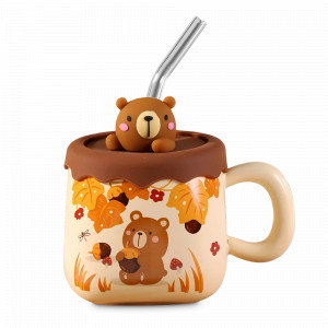 Кружка с крышкой и трубочкой Мишка, 380 мл, керамика, коричневый, серия Animals, REPAST, Чехия, Кружки REPAST