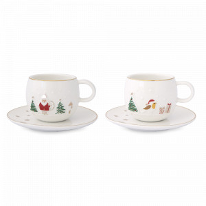 Набор из 2-х кофейных пар Santa &amp; Bird, 120 мл, фарфор, серия Let It Snow, EASY LIFE (R2S), Италия, Новогодняя коллекция