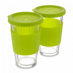 Набор из 2-х стаканов с силиконовыми крышками, 380 мл, стекло, зеленый, GLASSLOCK, Корея, Термокружки