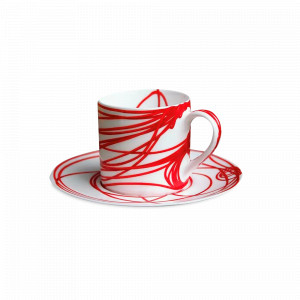 Пара кофейная, 100 мл, костяной фарфор, белый, красный, серия Fil Rouge Nodi, TAITU, Италия, Кофейные пары