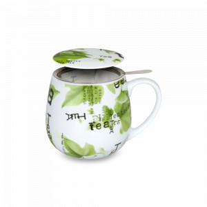 Кружка заварочная «Чайный коллаж», 420 мл, фарфор, нержавеющая сталь, белый, декор, KOENITZ, Германия, Кружки с крышкой