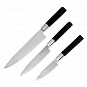 Набор из 3-х кухонный ножей, (нож 10 см, нож 15 см, нож Шеф 20 см) в коробке, серия Wasabi Black, KAI, Япония, Наборы ножей без подставки