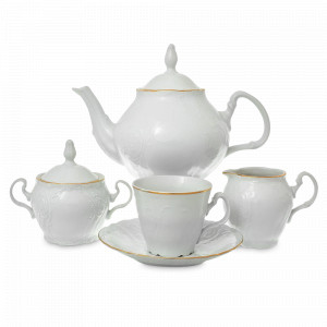 Сервиз чайный на 6 персон, 17 предметов, фарфор, белый, золотой, серия Белый узор, BERNADOTTE, Чехия, Наборы столовой посуды