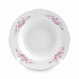 Тарелка для пасты, 23 см, фарфор, белый, платиновая отводка, серия Серая роза, BERNADOTTE, Чехия, Чешский фарфор