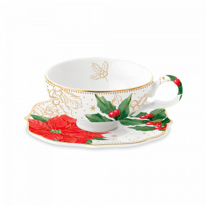 Пара чайная, 120 мл, фарфор, белый, декор, серия Пуансеттия и ягоды, EASY LIFE (R2S), Италия, Чайные пары из фарфора