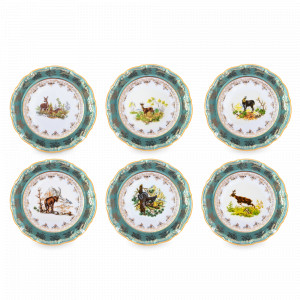 Набор из 6-ти закусочных тарелок Охота, 21 см, фарфор, зеленый, серия Мария-Тереза, REPAST, Чехия, Тарелки REPAST