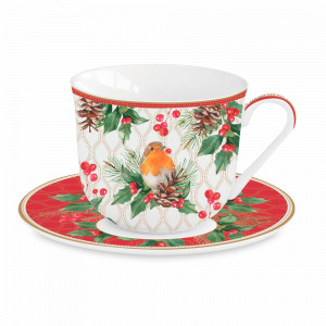 Пара чайная, 370 мл, фарфор, белый, декор, серия Рождественские ягоды, EASY LIFE (R2S), Италия, Чайные пары из фарфора