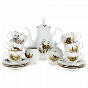 Сервиз кофейный на 6 персон, 17 предметов, фарфор, белый, декор, серия Охота, BERNADOTTE, Чехия, Скидка до -30% на фарфор BERNADOTTE