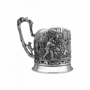 Подстаканник &quot;Медвежья охота&quot;, 11 х 6.8 см, латунь, серебристый, серия Охотничий домик, Кольчугинский Мельхиор, Россия, Подстаканники