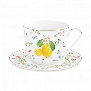 Пара чайная, 370 мл, фарфор, белый, декор, серия Цветы и лимоны, EASY LIFE (R2S), Италия, Чайные пары из фарфора