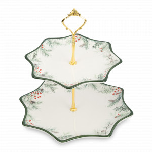 Этажерка 2-х ярусная «Еловые ветки», 25 х 20/24 см, керамика/металл, белый, зеленый, серия Festival, ANNA LAFARG, Китай, Этажерки и вазы для фруктов