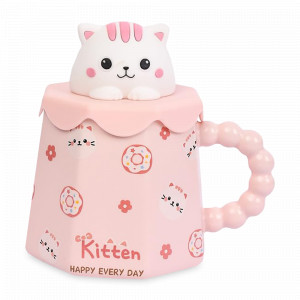 Кружка с крышкой и трубочкой Котенок, 400 мл, керамика, розовый, серия Animals, REPAST, Чехия, Кружки REPAST