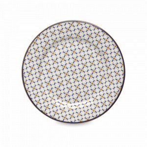 Тарелка закусочная Квадраты, 19.5 см, фарфор, белый, синий, золотой кант, серия Charles, Pozzi Milano 1876, Италия, Фарфоровые тарелки