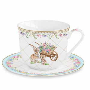 Пара чайная Кролики и цветы, 370 мл, фарфор, белый, декор, серия Spring Bloom, EASY LIFE (R2S), Италия, Чайные пары из фарфора