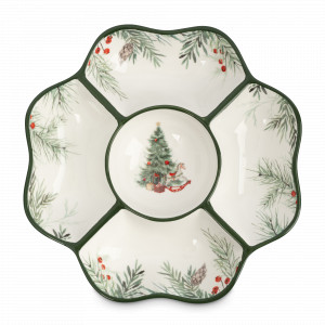 Менажница круглая «Лошадка у елки», 5 отделений, 25 см, керамика, белый, зеленый, серия Festival, ANNA LAFARG, Китай, Менажницы керамические