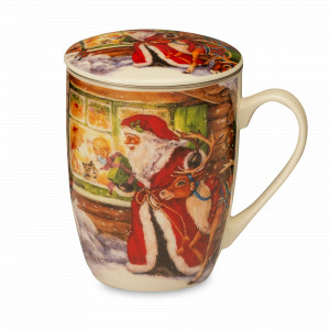 Кружка с ситечком и крышкой «Noel Санта с оленем», 400 мл, фарфор, декор, LAMART, Италия, Кружки с крышкой