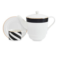 Набор чайный For One Jardin, 3 предмета, чайник на 500 мл, фарфор, белый, черный, серия Mikasa Hampton, KITCHEN CRAFT, Великобритания