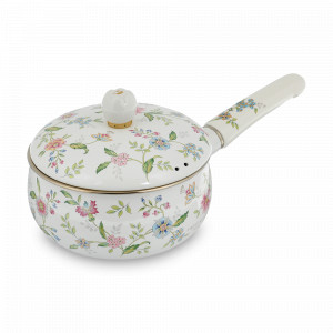 Ковш с крышкой, 1,5 л, 16 см, эмалированная сталь, белый, декор, серия Прованс, EJIRY, Япония, Посуда эмалированная