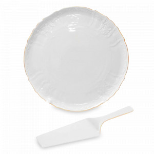 Блюдо для торта с лопаткой, 32 см, фарфор, белый, золотой, серия Белый узор, BERNADOTTE, Чехия, Блюда для торта, десерта