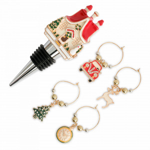 Пробка для винной бутылки  с подвесками Домик в снегу, 5 предметов, металл, бусины, серебристый, серия New Year, ANNA LAFARG, Китай, Новогодняя коллекция