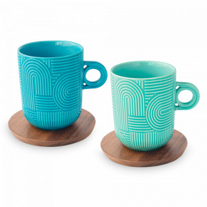 Набор из 2-х кружек с подставками, 0,35 л, фарфор, дерево, мятный и морская волна, серия Радуга, EASY LIFE (R2S), Италия, Наборы кружек