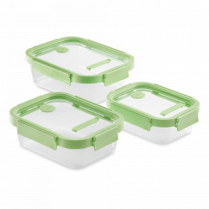 Набор из 3-х пищевых прямоугольных контейнеров, стекло, силикон, зеленый, серия At Home, LEKUE, Испания, At Home