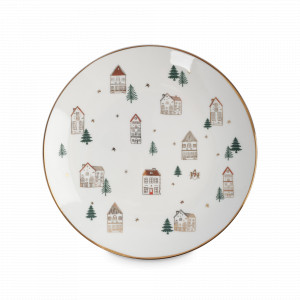 Тарелка закусочная «Домики и ели», 19 см, фарфор, белый, золотой, серия Townlet, ANNA LAFARG, Китай, Тарелки десертные