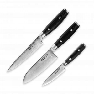 Набор из 3-х кухонных ножей поварская тройка, серия RAN, YAXELL, Япония, Ножи из дамасской стали