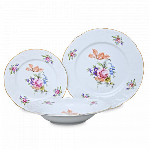 Набор столовый на 6 персон, 18 предметов, фарфор, белый, декор, серия Полевой цветок, BERNADOTTE, Чехия, Чешский фарфор