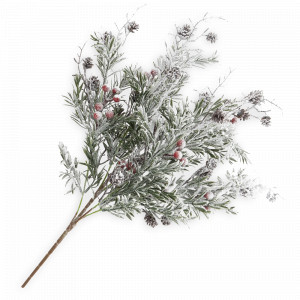 Декор - ветка декоративная «Заснеженная ветка с ягодами», 50 см, пластик, шишки, зеленый, белый, серия New Year, ANNA LAFARG, Китай, Новогодняя коллекция