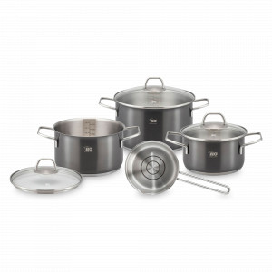 Набор посуды из 6 предметов для индукционных плит, 3 кастрюли, 1 ковш, 3 стеклянные крышки, нержавеющая сталь, черный, серия Twice Select, ELO, Германия, НОВИНКИ