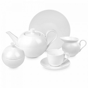 Сервиз чайный на 6 персон, 21 предмет, костяной фарфор, белый, серия Плиссе, DECOR DE TABLE, Россия, Сервизы чайные