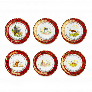 Набор из 6-ти закусочных тарелок Охота, 19 см, фарфор, красный, серия Мария-Тереза, REPAST, Чехия, Тарелки REPAST
