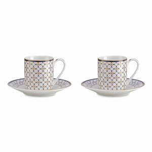 Набор из 2-х кофейных пар Квадраты, 80 мл, фарфор, белый, синий, золотой кант, серия Charles, Pozzi Milano 1876, Италия, Кофейные пары