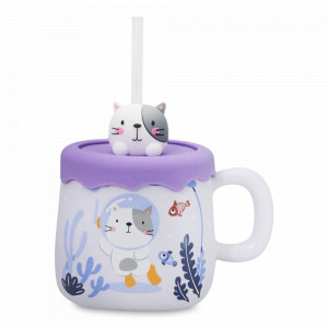Кружка с крышкой и трубочкой Котенок, 380 мл, керамика, фиолетовый, серия Animals, REPAST, Чехия, Кружки REPAST