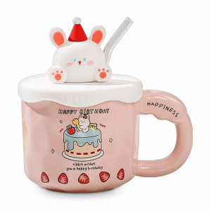 Кружка с крышкой и трубочкой Зайка, 380 мл, керамика, розовый, серия Animals, REPAST, Чехия, Кружки REPAST