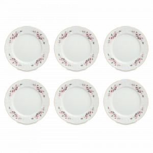 Набор из 6-ти обеденных тарелок, 25 см, фарфор, белый, золотая отводка, серия Серая роза, BERNADOTTE, Чехия, Тарелки