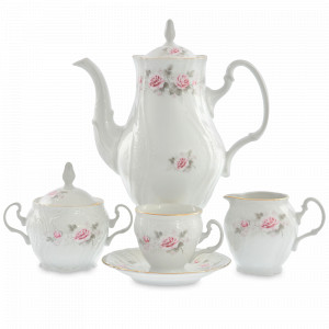 Сервиз кофейный на 6 персон, 17 предметов, фарфор, белый, золотая отводка, серия Серая роза, BERNADOTTE, Чехия, Чешский фарфор
