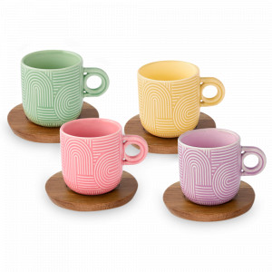 Набор из 4-х кружек с подставками, 0,11 л, фарфор, дерево, сиреневый, зелёный, серия Радуга, EASY LIFE (R2S), Италия, Наборы кружек