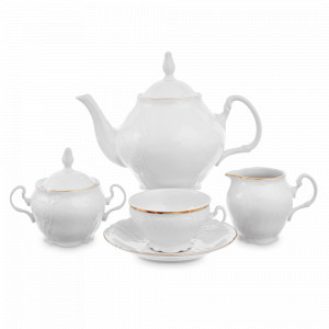 Сервиз чайный на 6 персон, 17 предметов, фарфор, белый, золотой, серия Белый узор, BERNADOTTE, Чехия, Белый узор BERNADOTTE