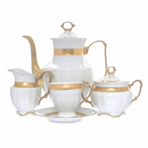 Сервиз кофейный на 6 персон Матовая полоса, 15 предметов, фарфор, белый, золотой, серия Мария-Тереза, REPAST, Чехия, Мария-Тереза REPAST